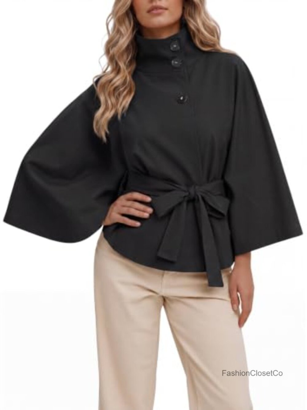Cropped Cape Sleeve Trench Coat with Belted Waist